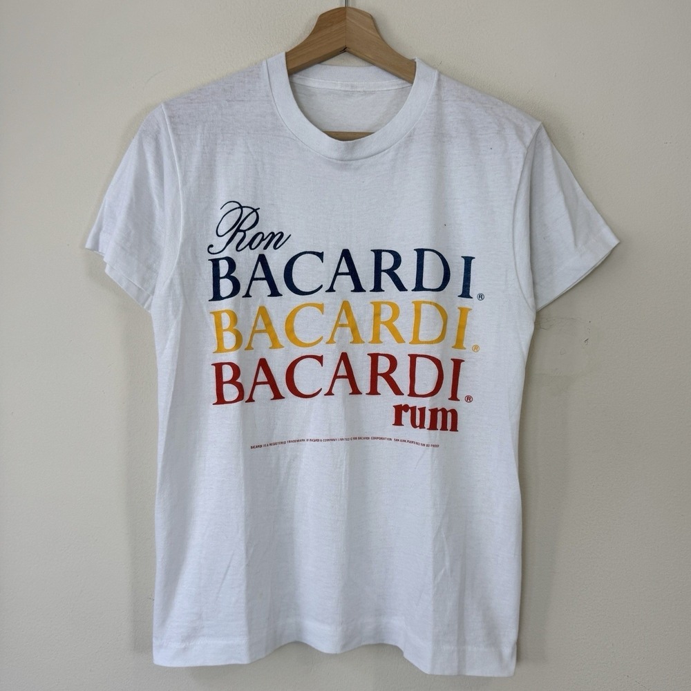 Vintage 80's Ron Bacardi Rum Liquor Single Stitch Promo White Tee Shirt - Small